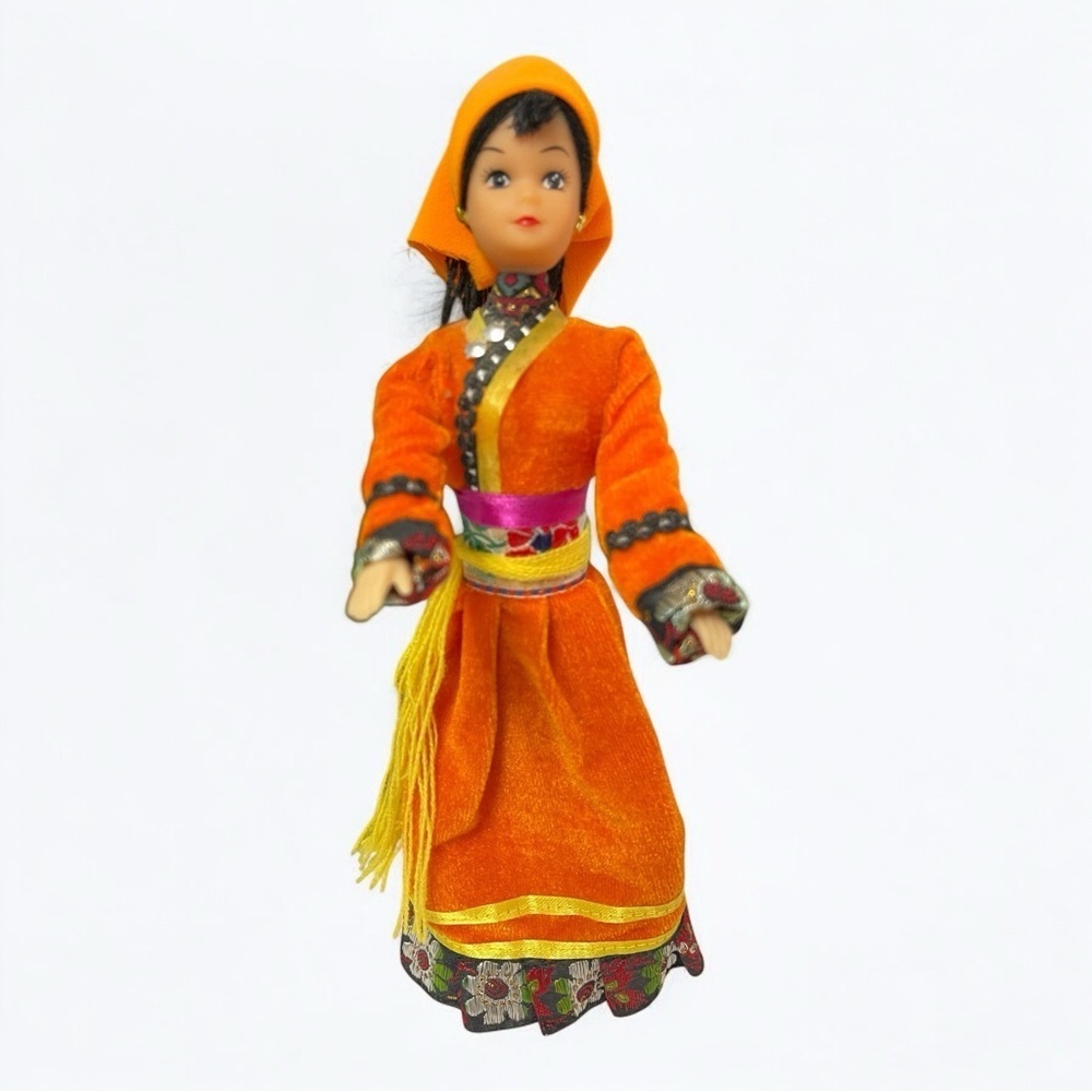 Chinese Oroqen Figurine Cultural Ethnic Doll Orange Dress Wood Base Movable Arms